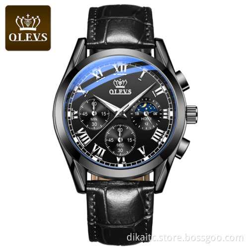 OLEVS Watch 2871 Multifunctional Sports Fashion Genuine Leather Wristwatch Chronograph Waterproof Luminous Men's Watch
